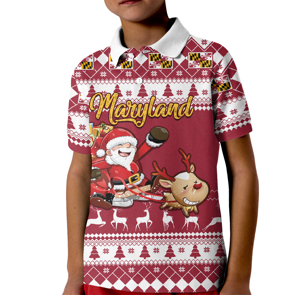 Custom Maryland Christmas Kid Polo Shirt Santa Claus Riding A Reindeer - Wonder Print Shop