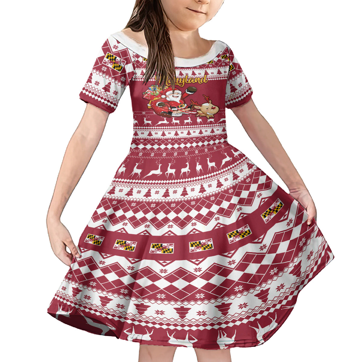 Custom Maryland Christmas Kid Short Sleeve Dress Santa Claus Riding A Reindeer - Wonder Print Shop
