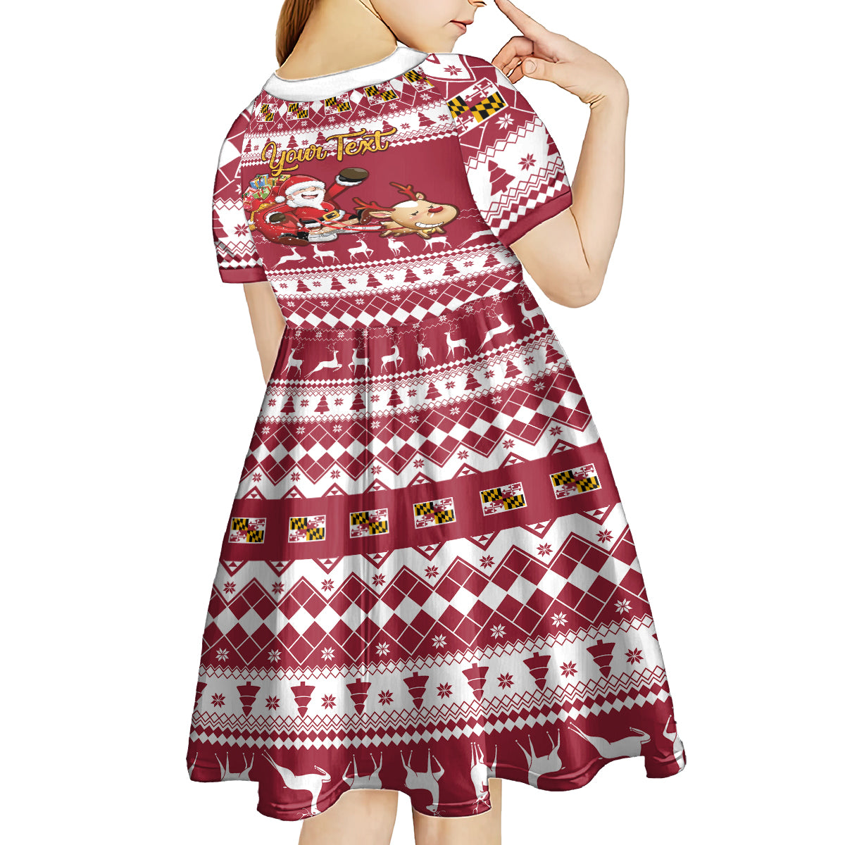Custom Maryland Christmas Kid Short Sleeve Dress Santa Claus Riding A Reindeer - Wonder Print Shop