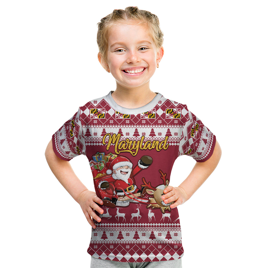 Custom Maryland Christmas Kid T Shirt Santa Claus Riding A Reindeer - Wonder Print Shop