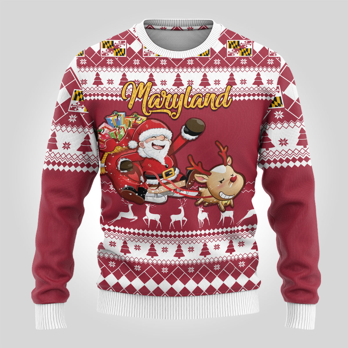 Custom Maryland Christmas Ugly Christmas Sweater Santa Claus Riding A Reindeer - Wonder Print Shop