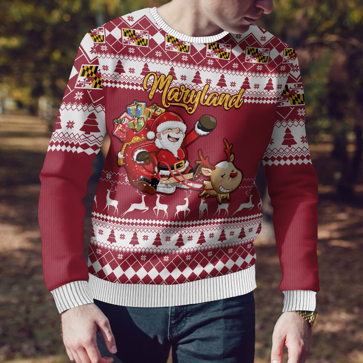 Custom Maryland Christmas Ugly Christmas Sweater Santa Claus Riding A Reindeer - Wonder Print Shop