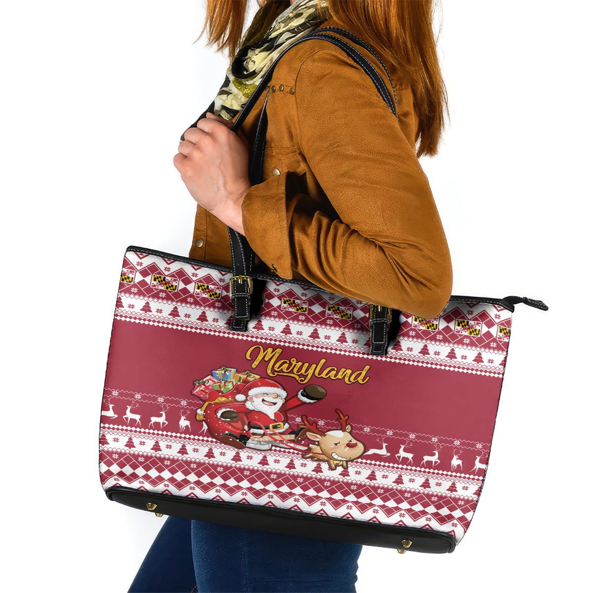 Custom Maryland Christmas Leather Tote Bag Santa Claus Riding A Reindeer - Wonder Print Shop