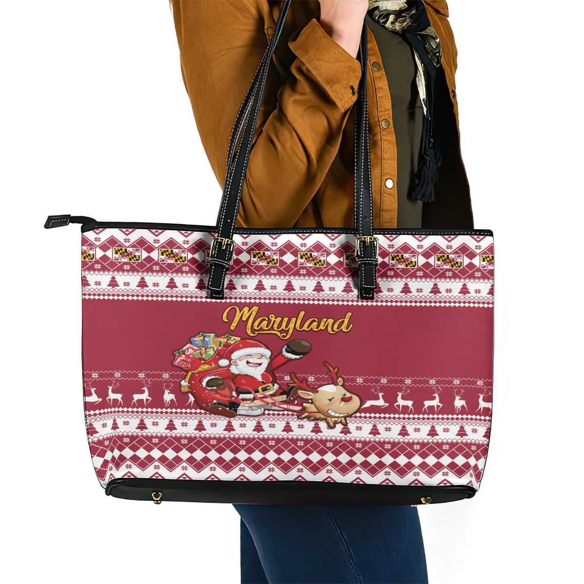 Custom Maryland Christmas Leather Tote Bag Santa Claus Riding A Reindeer - Wonder Print Shop
