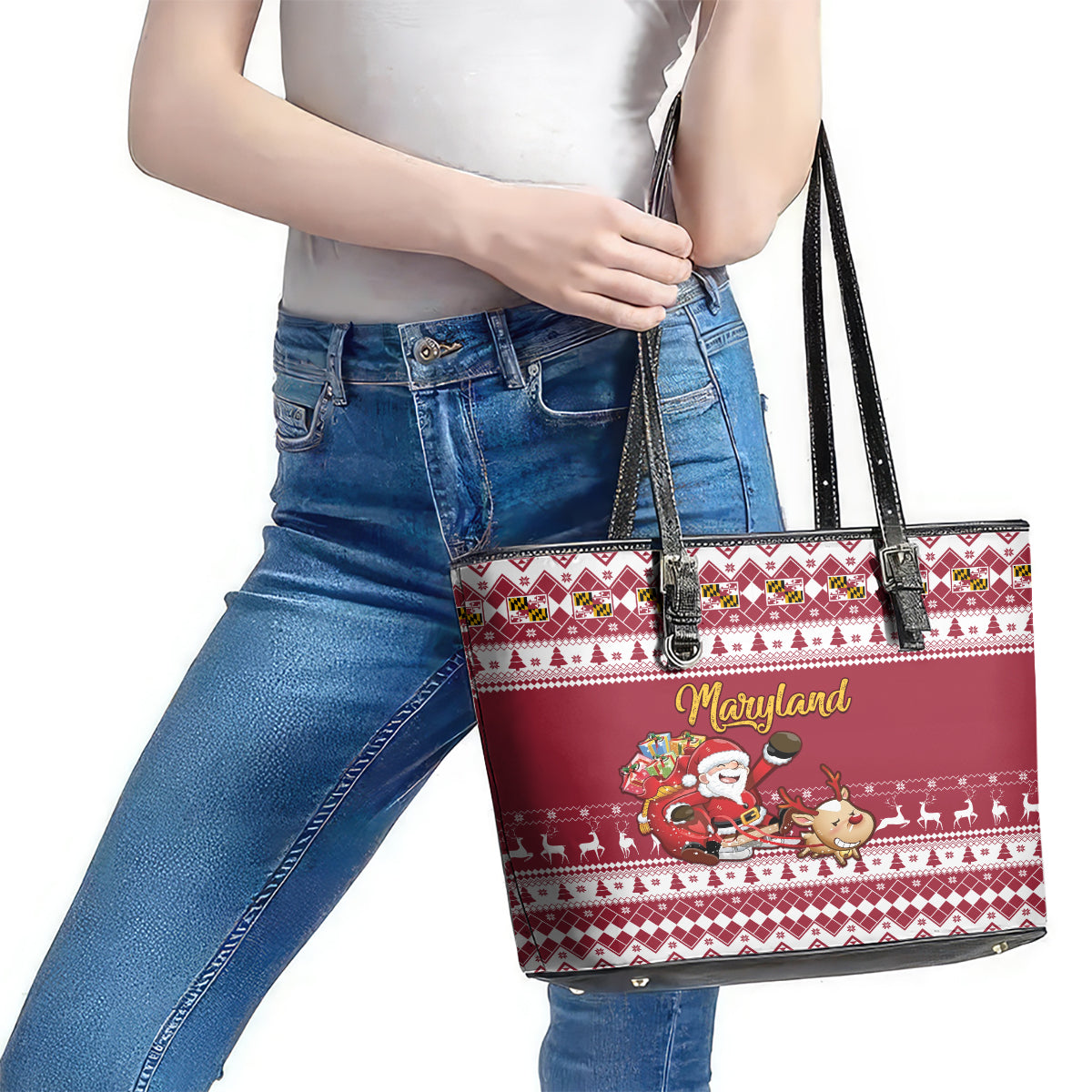 Custom Maryland Christmas Leather Tote Bag Santa Claus Riding A Reindeer - Wonder Print Shop