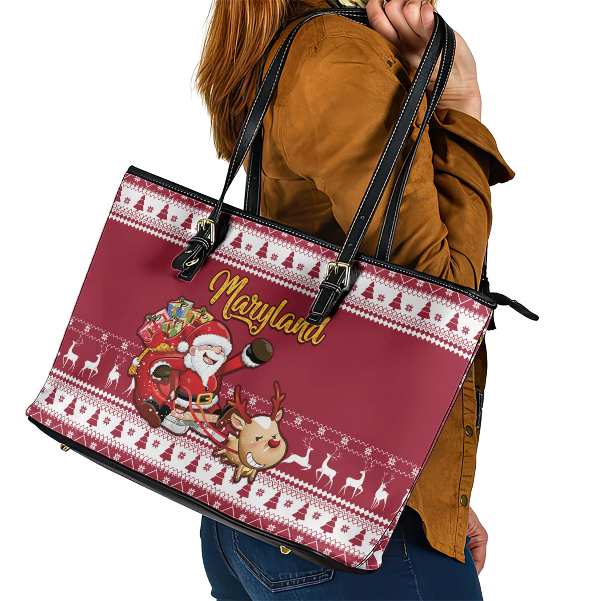 Custom Maryland Christmas Leather Tote Bag Santa Claus Riding A Reindeer - Wonder Print Shop