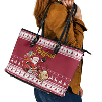 Custom Maryland Christmas Leather Tote Bag Santa Claus Riding A Reindeer - Wonder Print Shop