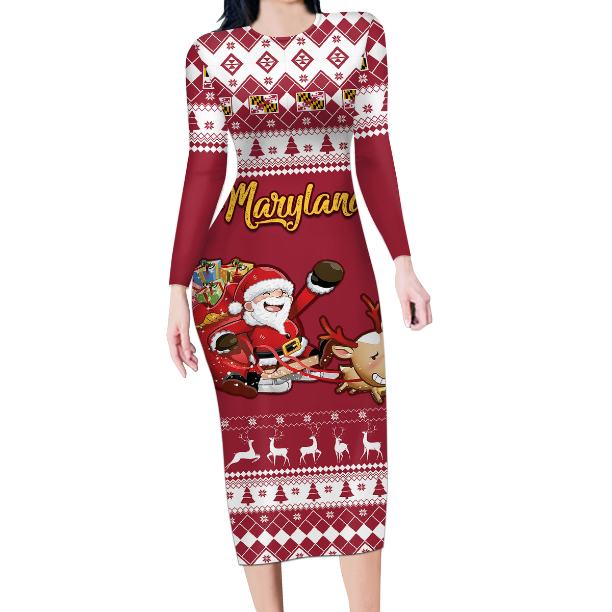 Custom Maryland Christmas Long Sleeve Bodycon Dress Santa Claus Riding A Reindeer - Wonder Print Shop