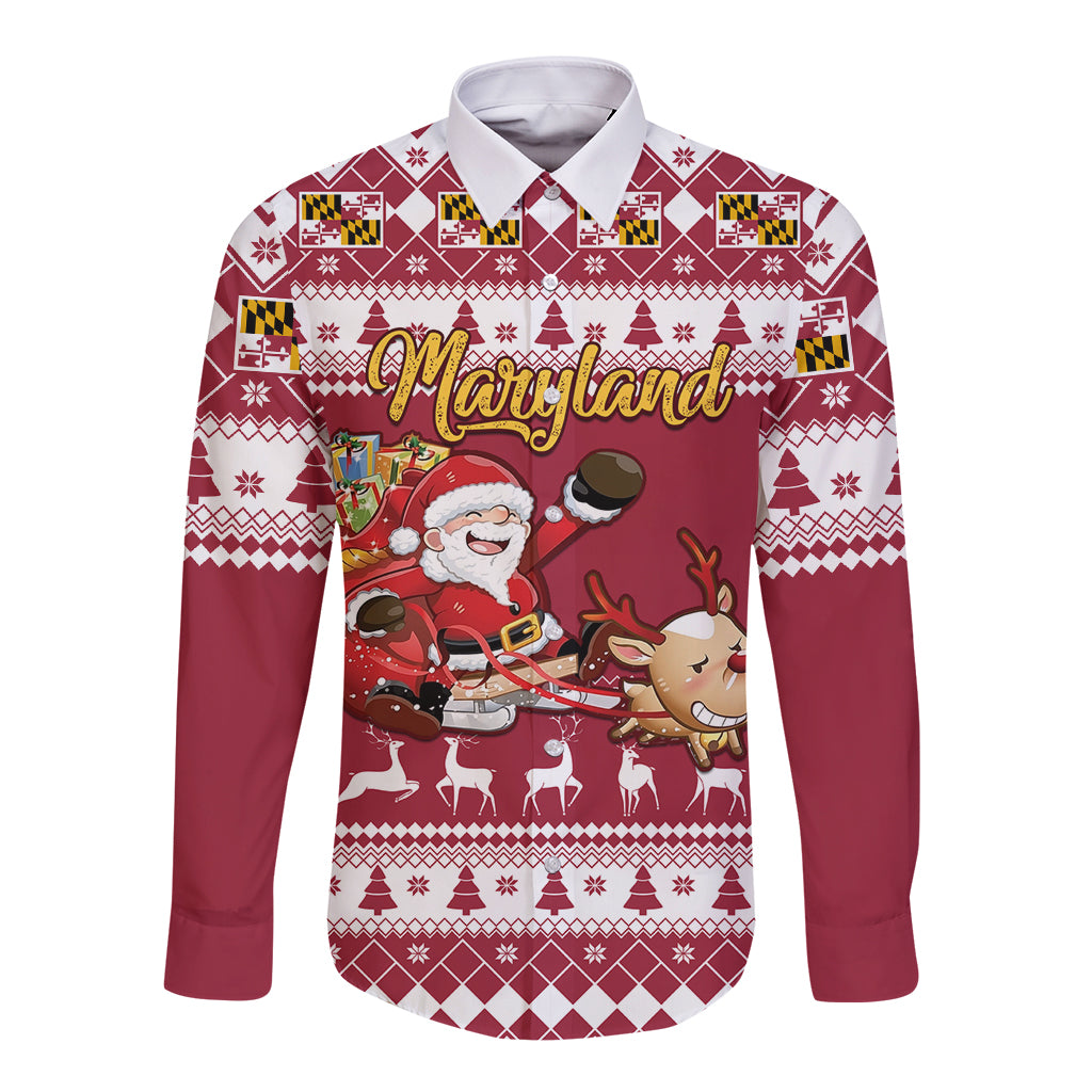 Custom Maryland Christmas Long Sleeve Button Shirt Santa Claus Riding A Reindeer - Wonder Print Shop