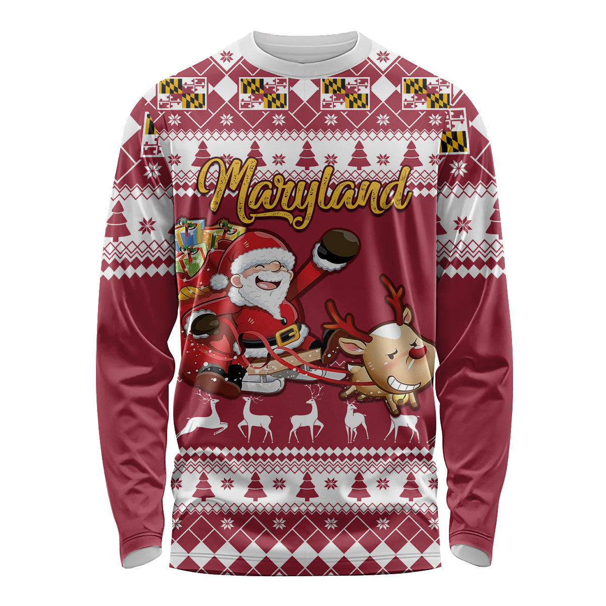 Custom Maryland Christmas Long Sleeve Shirt Santa Claus Riding A Reindeer - Wonder Print Shop