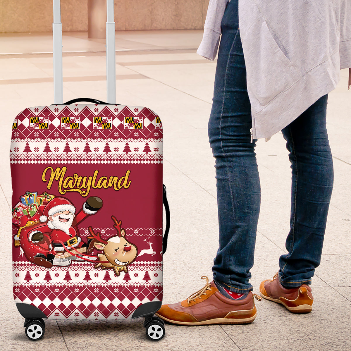 Custom Maryland Christmas Luggage Cover Santa Claus Riding A Reindeer - Wonder Print Shop