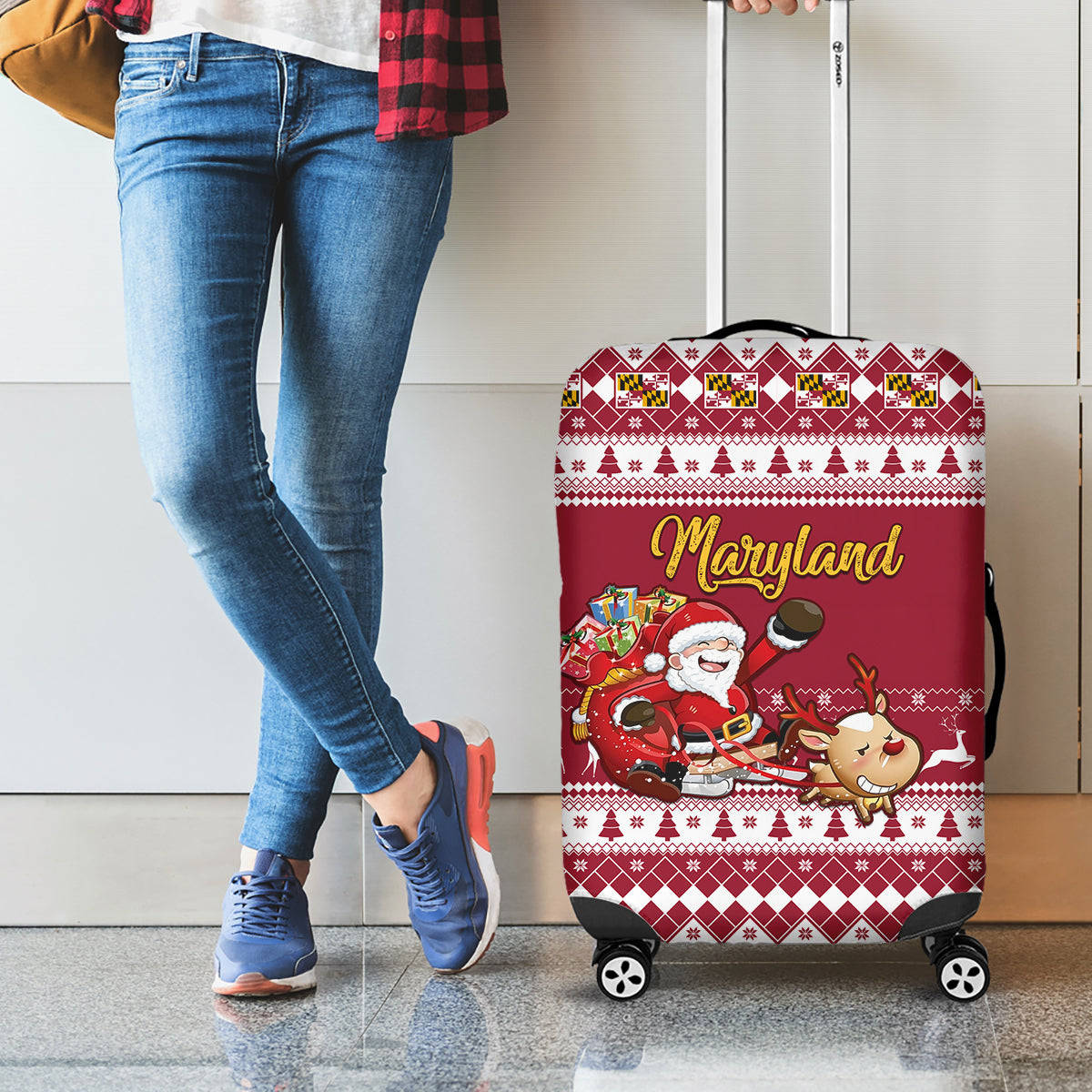 Custom Maryland Christmas Luggage Cover Santa Claus Riding A Reindeer - Wonder Print Shop
