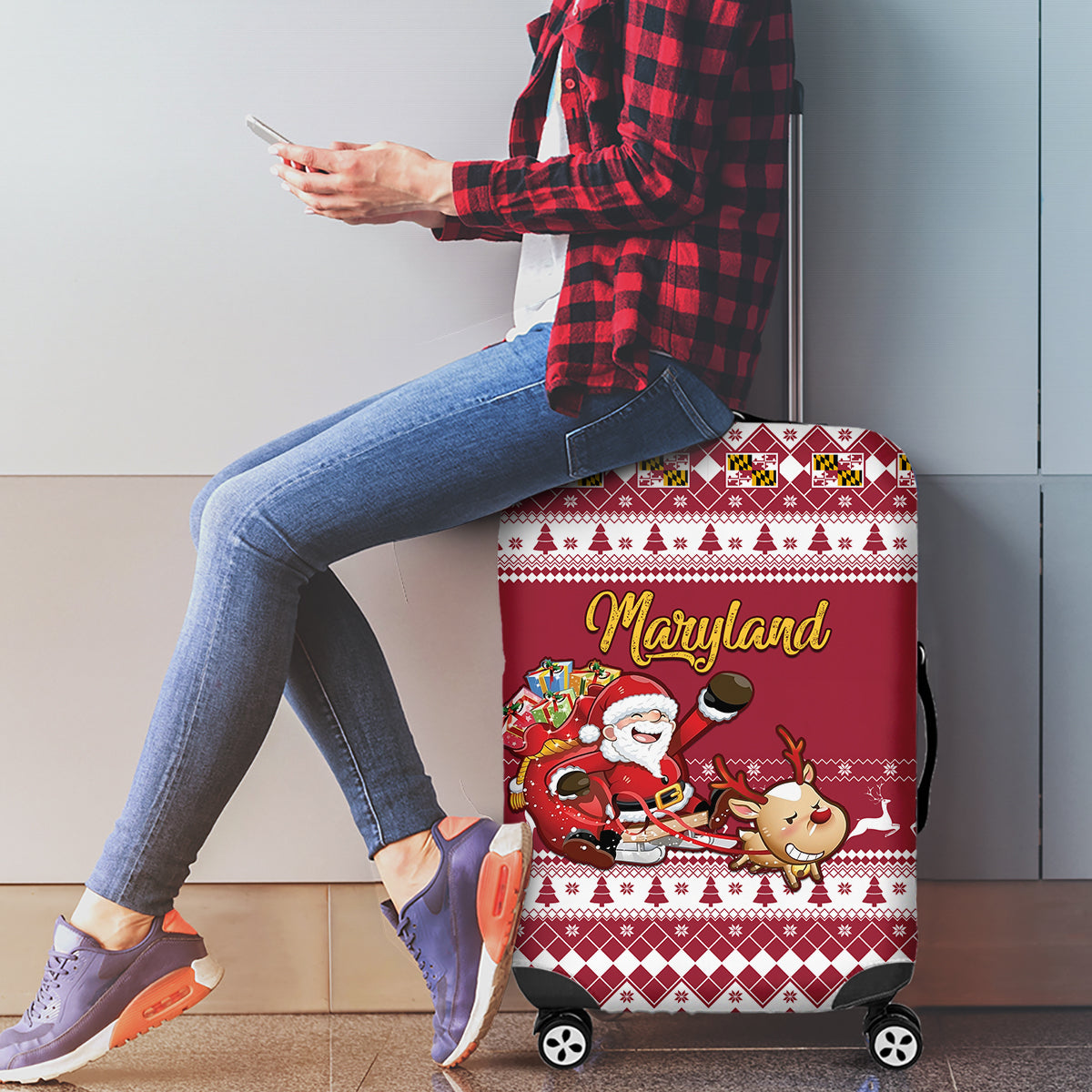Custom Maryland Christmas Luggage Cover Santa Claus Riding A Reindeer - Wonder Print Shop