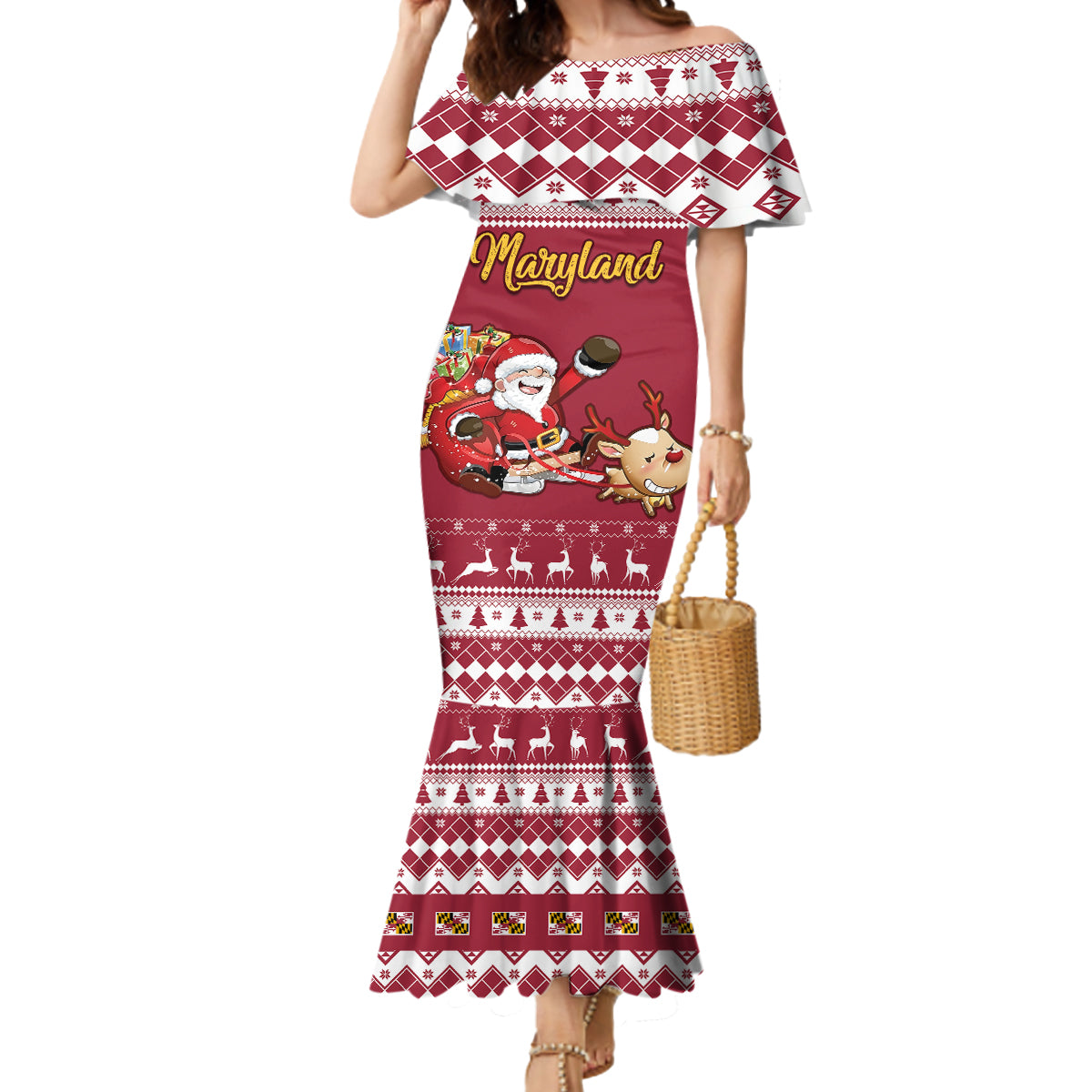 Custom Maryland Christmas Mermaid Dress Santa Claus Riding A Reindeer - Wonder Print Shop