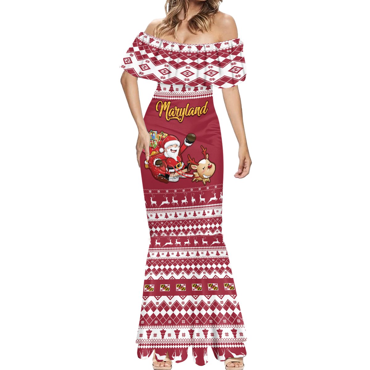 Custom Maryland Christmas Mermaid Dress Santa Claus Riding A Reindeer - Wonder Print Shop