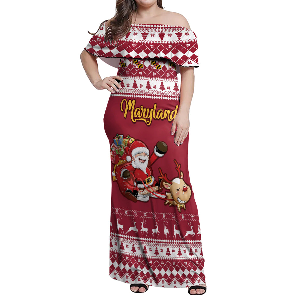Custom Maryland Christmas Off Shoulder Maxi Dress Santa Claus Riding A Reindeer - Wonder Print Shop