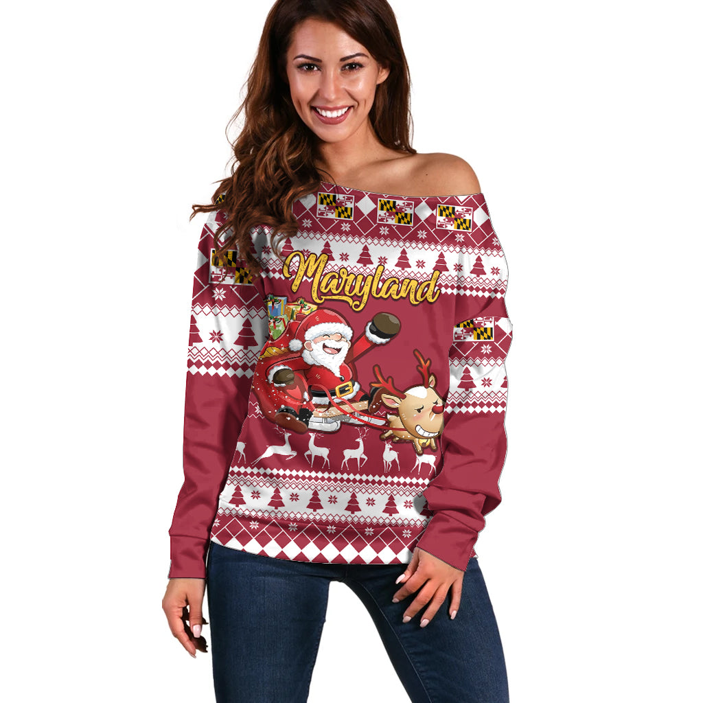 Custom Maryland Christmas Off Shoulder Sweater Santa Claus Riding A Reindeer - Wonder Print Shop