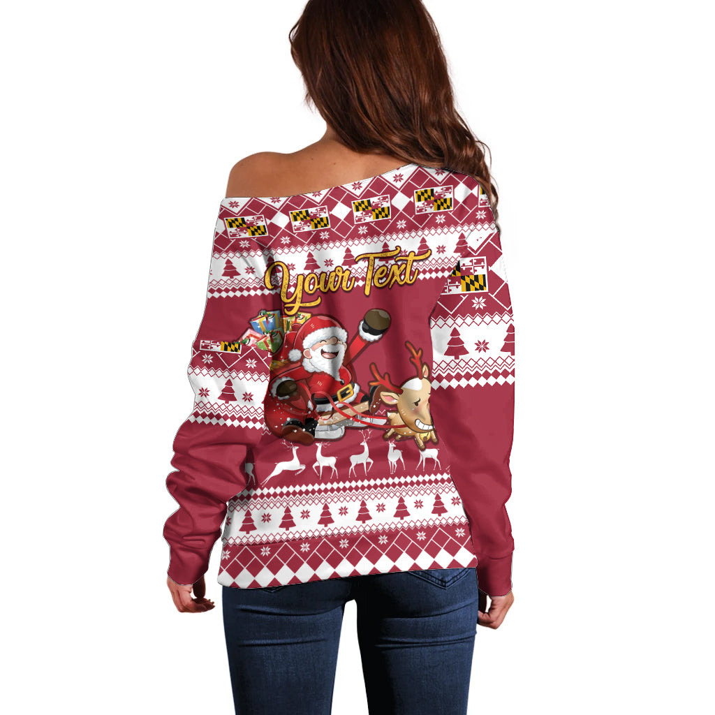 Custom Maryland Christmas Off Shoulder Sweater Santa Claus Riding A Reindeer - Wonder Print Shop