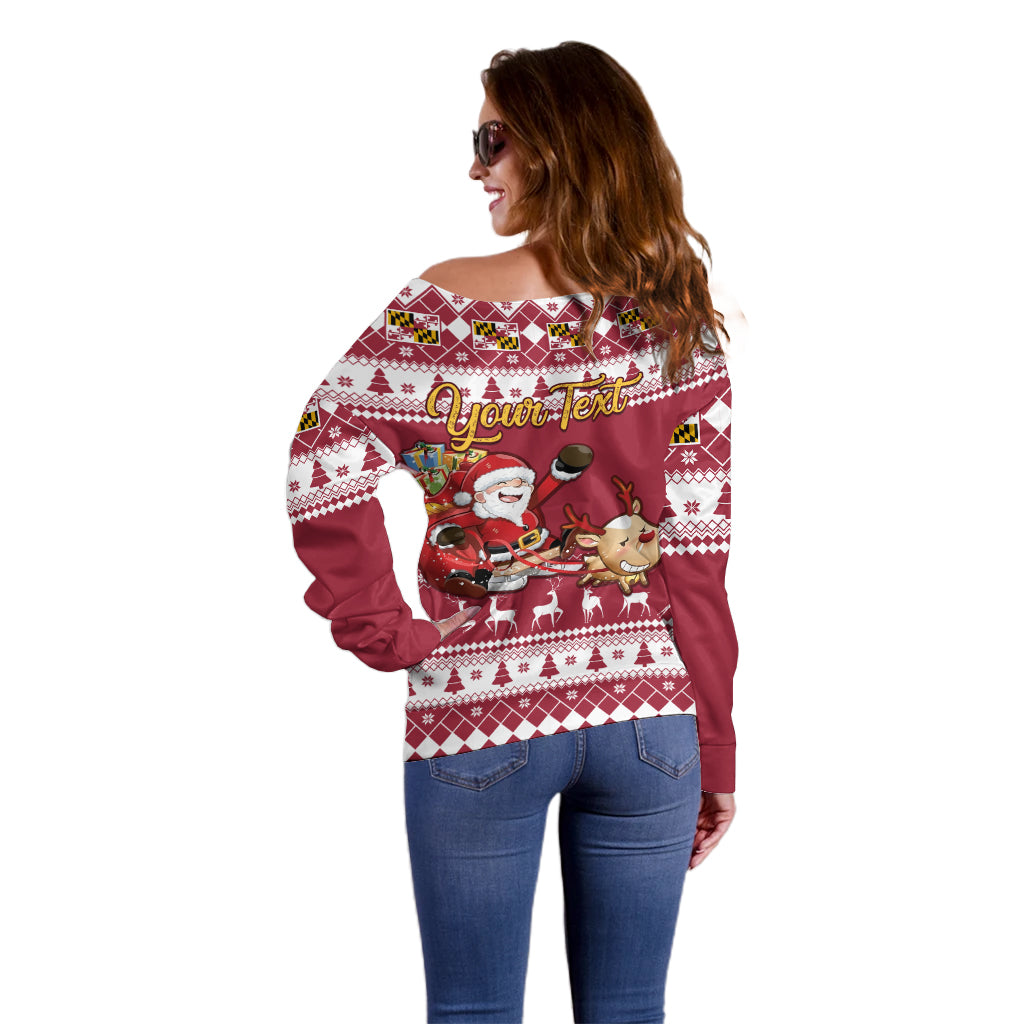 Custom Maryland Christmas Off Shoulder Sweater Santa Claus Riding A Reindeer - Wonder Print Shop