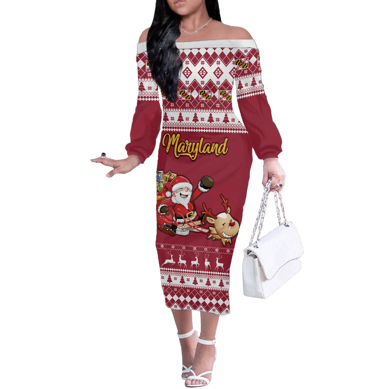 Custom Maryland Christmas Off The Shoulder Long Sleeve Dress Santa Claus Riding A Reindeer - Wonder Print Shop