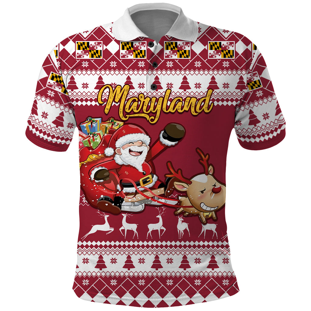 Custom Maryland Christmas Polo Shirt Santa Claus Riding A Reindeer - Wonder Print Shop