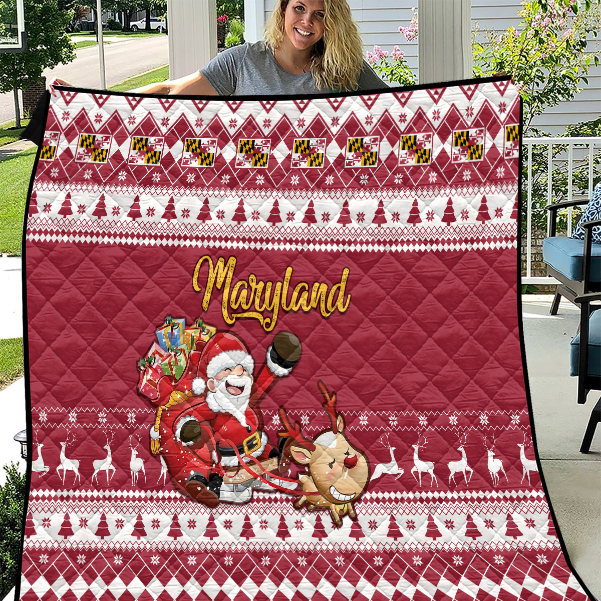 Custom Maryland Christmas Quilt Santa Claus Riding A Reindeer - Wonder Print Shop