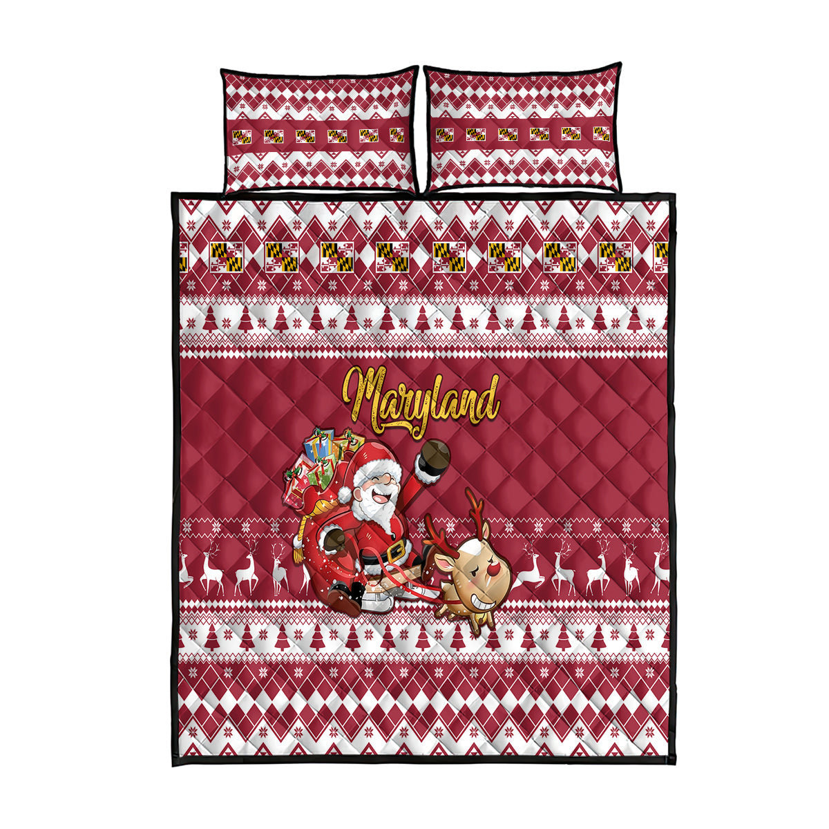 Custom Maryland Christmas Quilt Bed Set Santa Claus Riding A Reindeer - Wonder Print Shop