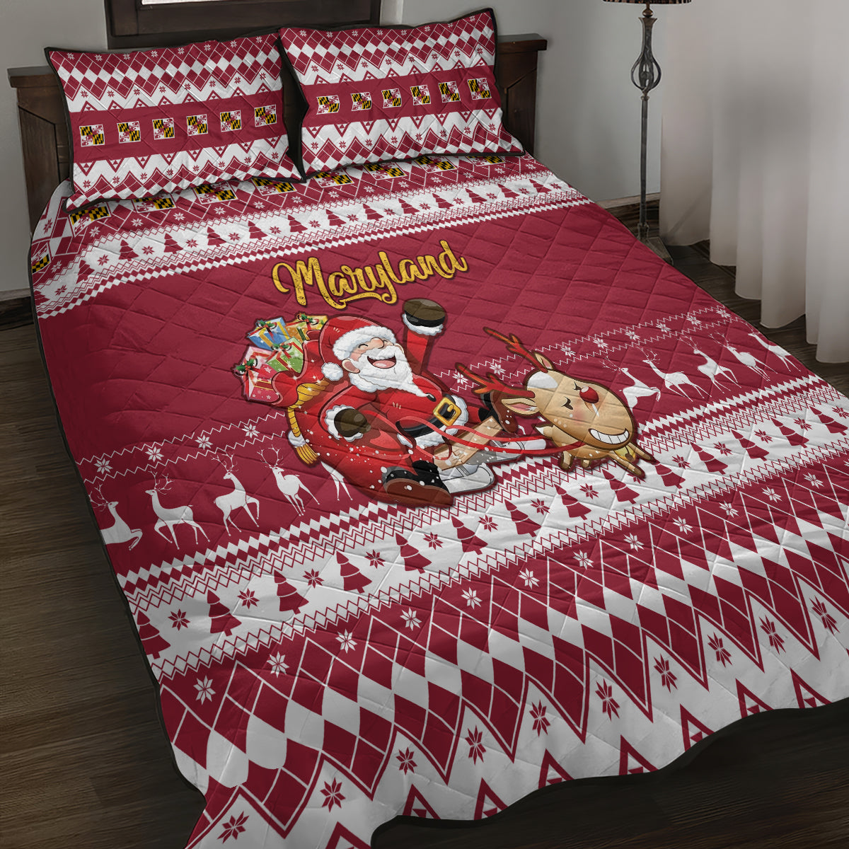 Custom Maryland Christmas Quilt Bed Set Santa Claus Riding A Reindeer - Wonder Print Shop