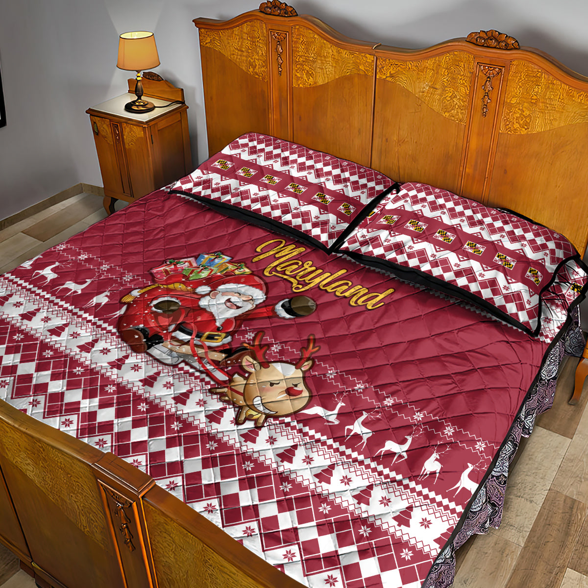 Custom Maryland Christmas Quilt Bed Set Santa Claus Riding A Reindeer - Wonder Print Shop