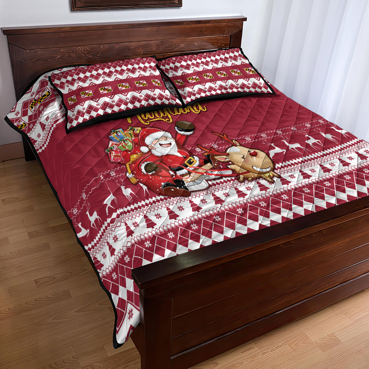 Custom Maryland Christmas Quilt Bed Set Santa Claus Riding A Reindeer - Wonder Print Shop