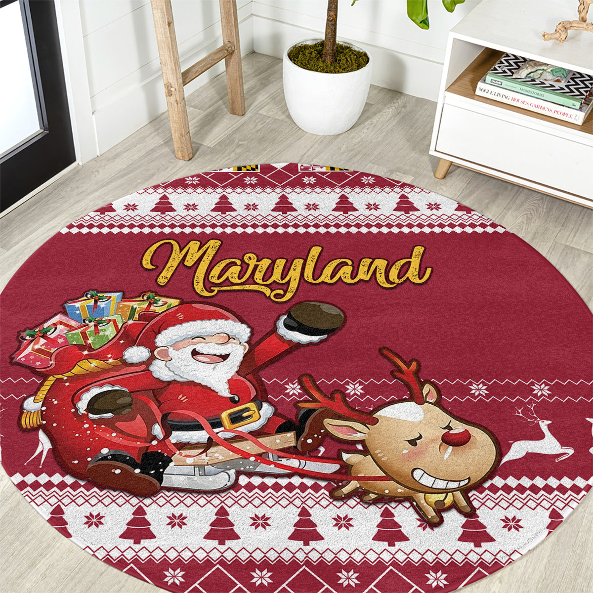 custom-maryland-christmas-round-carpet-santa-claus-riding-a-reindeer