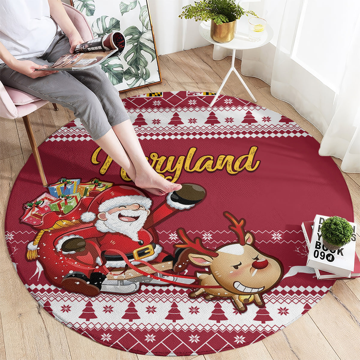 custom-maryland-christmas-round-carpet-santa-claus-riding-a-reindeer