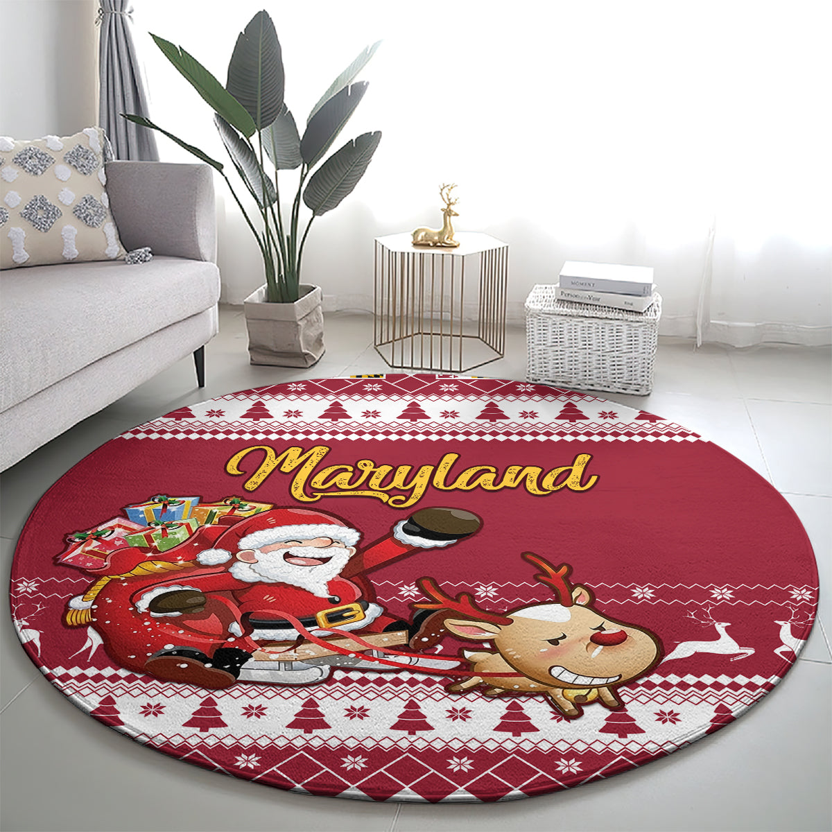 custom-maryland-christmas-round-carpet-santa-claus-riding-a-reindeer