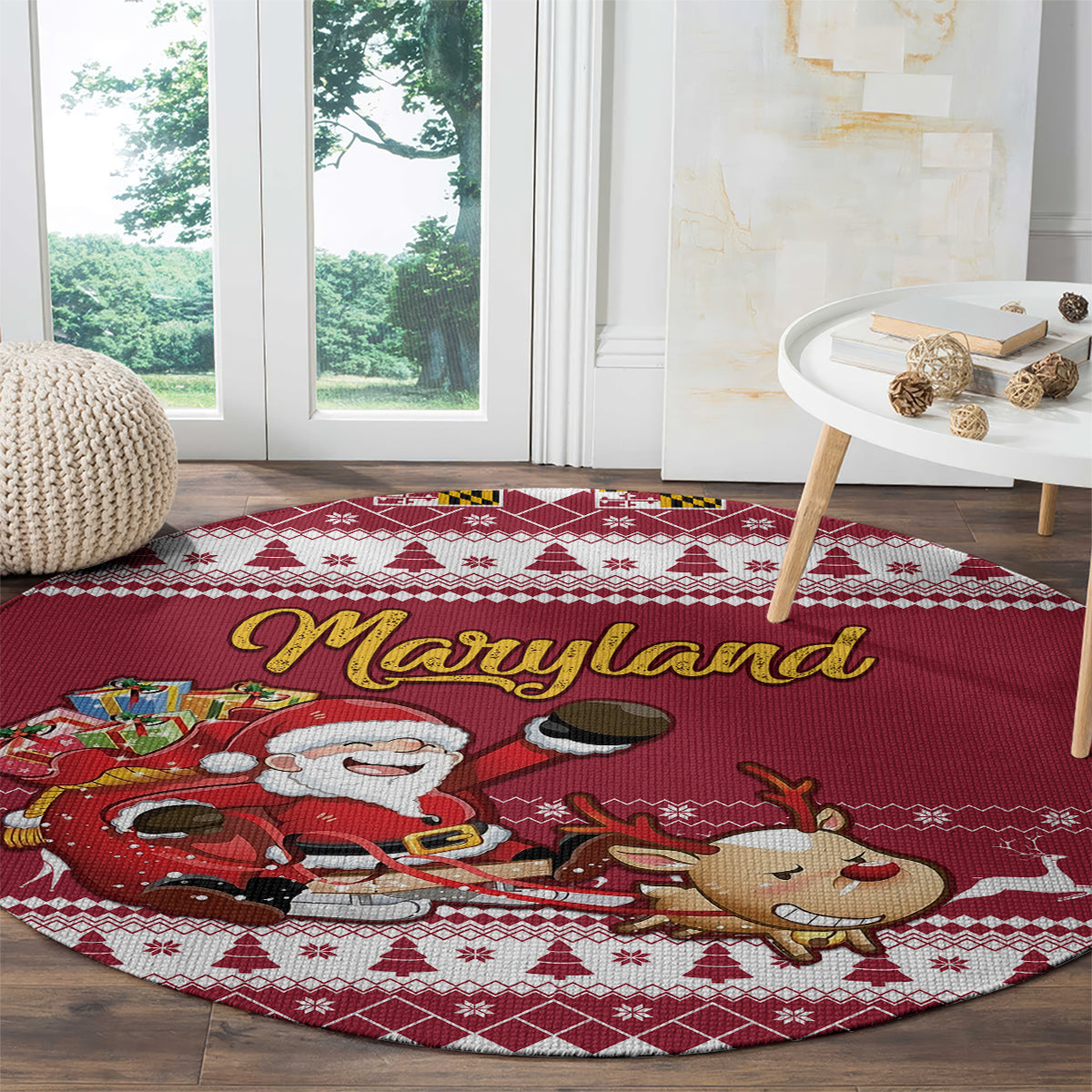 custom-maryland-christmas-round-carpet-santa-claus-riding-a-reindeer