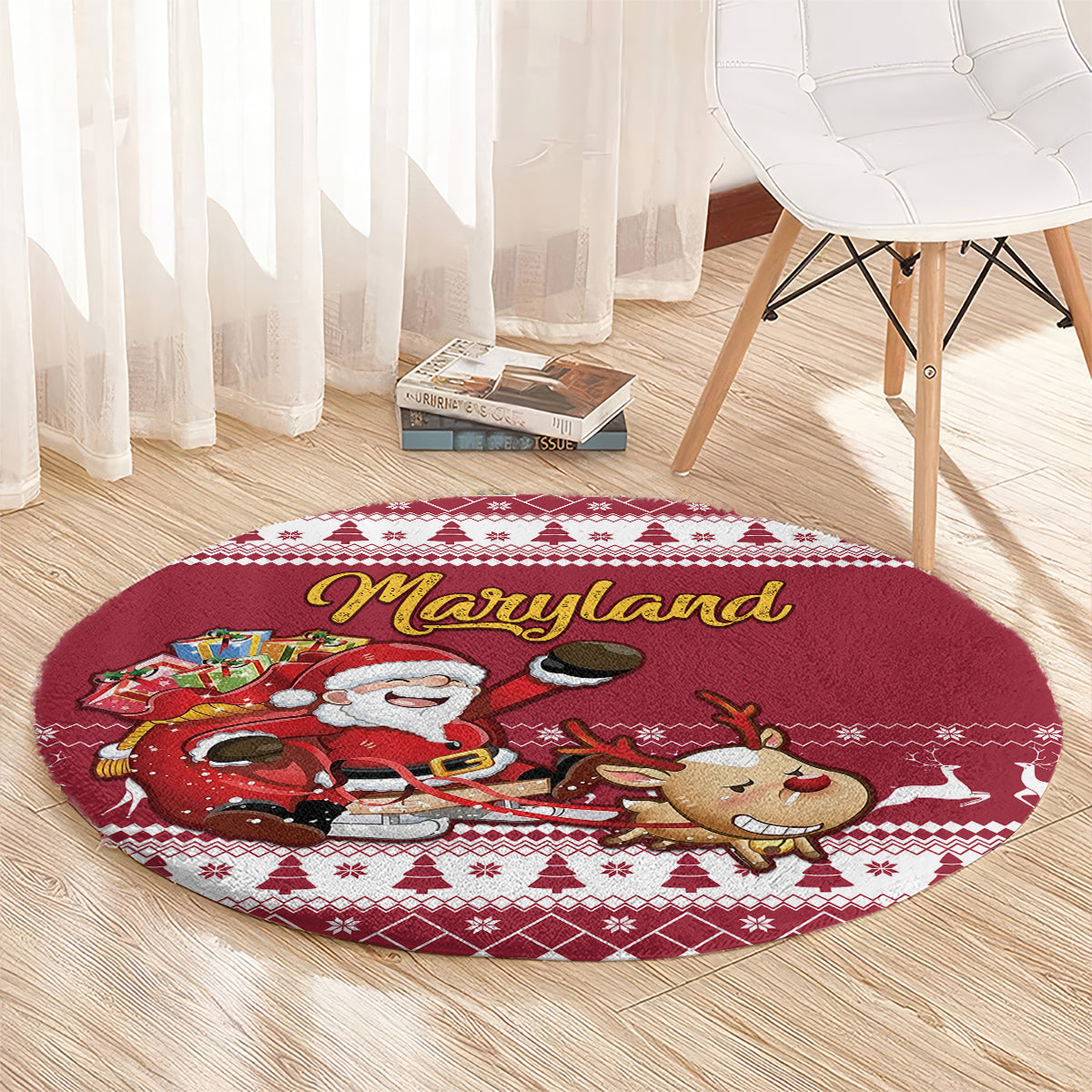 custom-maryland-christmas-round-carpet-santa-claus-riding-a-reindeer