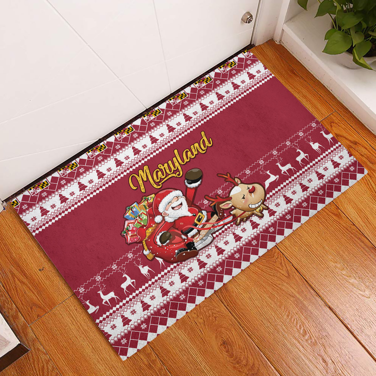 Custom Maryland Christmas Rubber Doormat Santa Claus Riding A Reindeer - Wonder Print Shop