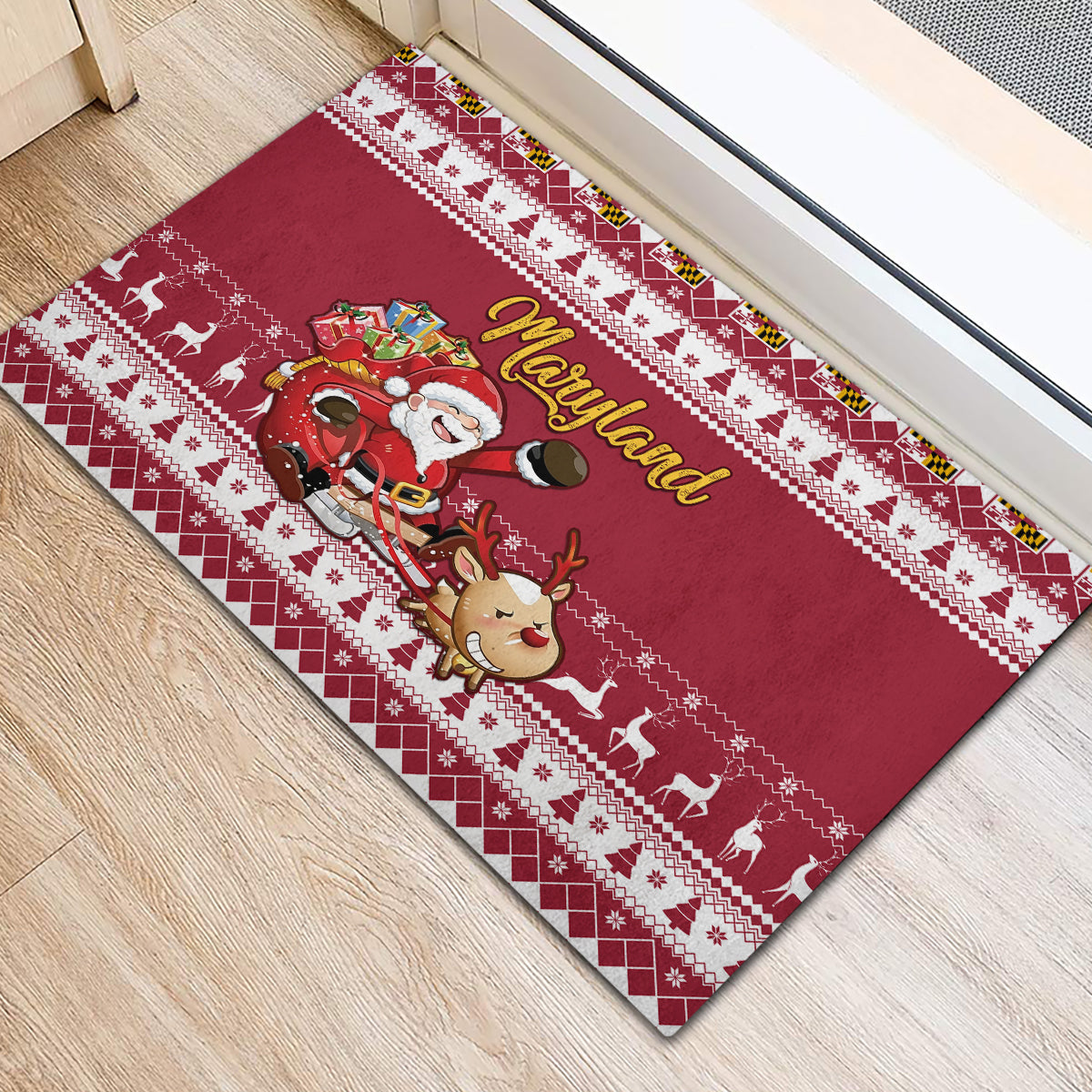 Custom Maryland Christmas Rubber Doormat Santa Claus Riding A Reindeer - Wonder Print Shop