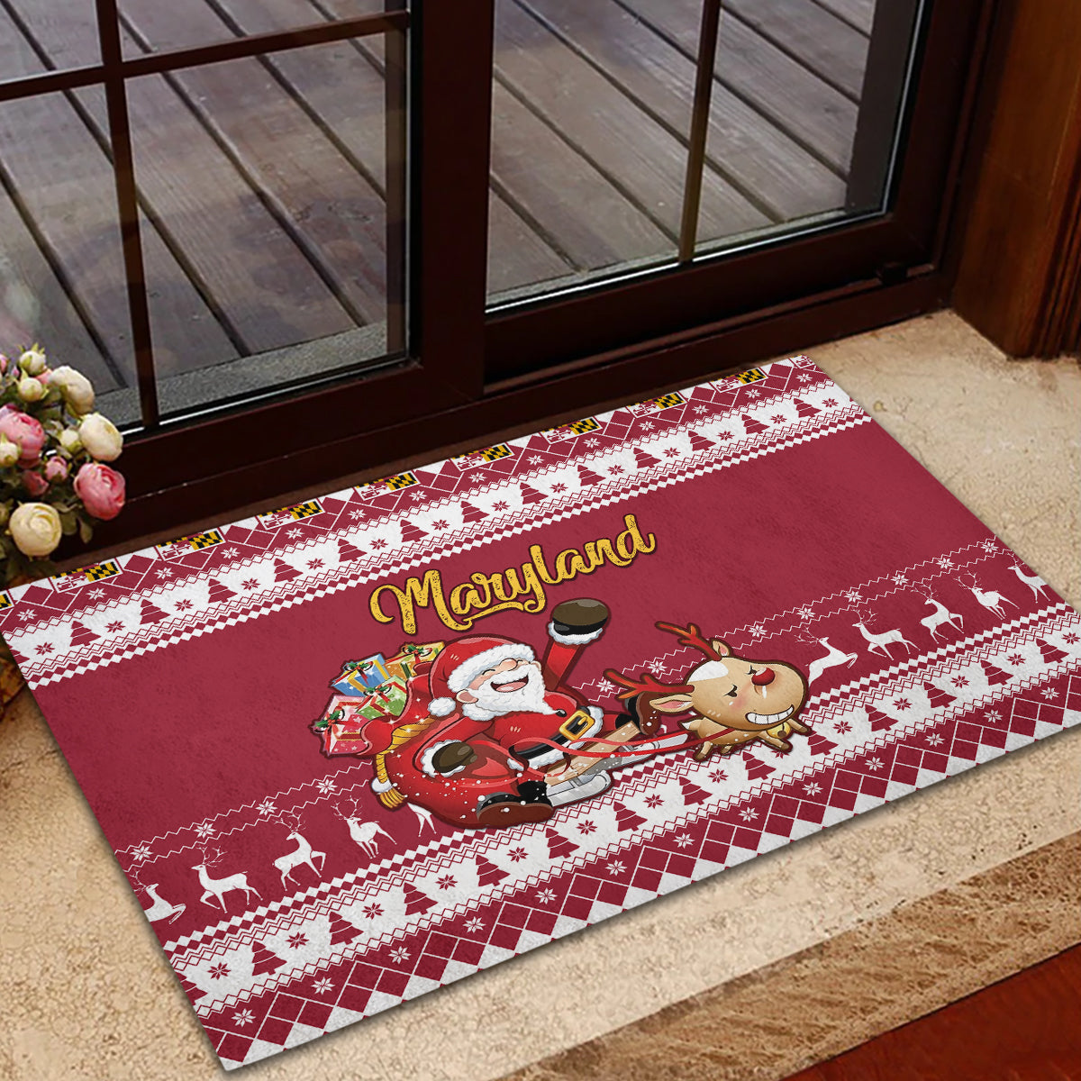 Custom Maryland Christmas Rubber Doormat Santa Claus Riding A Reindeer - Wonder Print Shop