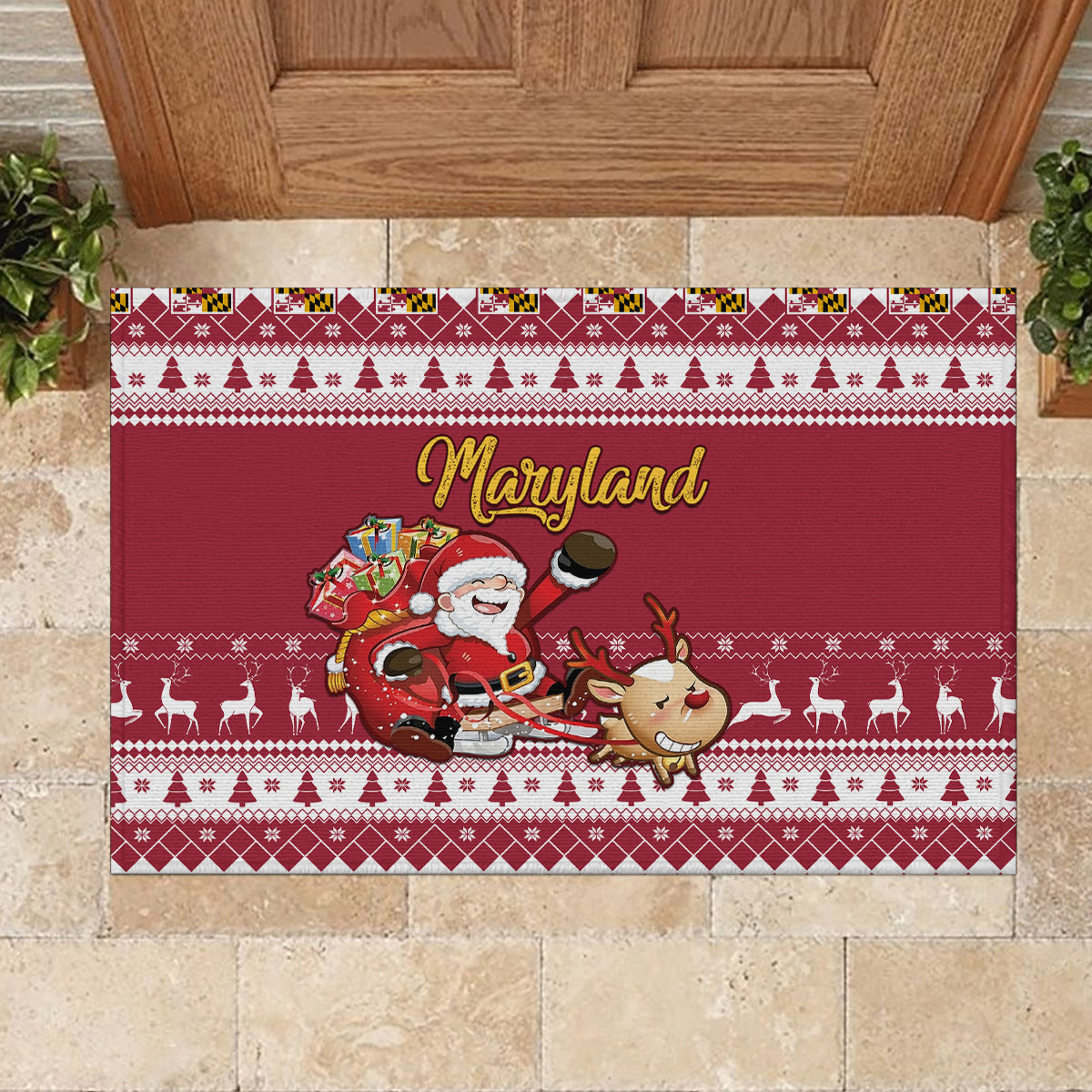 Custom Maryland Christmas Rubber Doormat Santa Claus Riding A Reindeer - Wonder Print Shop
