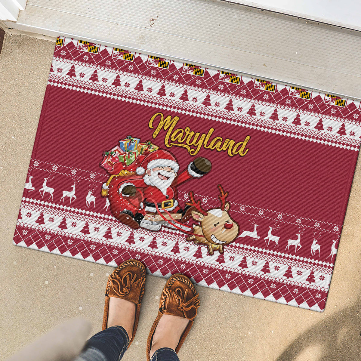Custom Maryland Christmas Rubber Doormat Santa Claus Riding A Reindeer - Wonder Print Shop