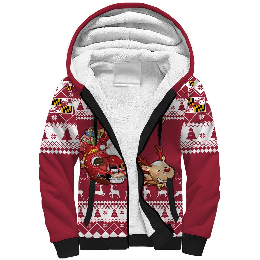Custom Maryland Christmas Sherpa Hoodie Santa Claus Riding A Reindeer - Wonder Print Shop