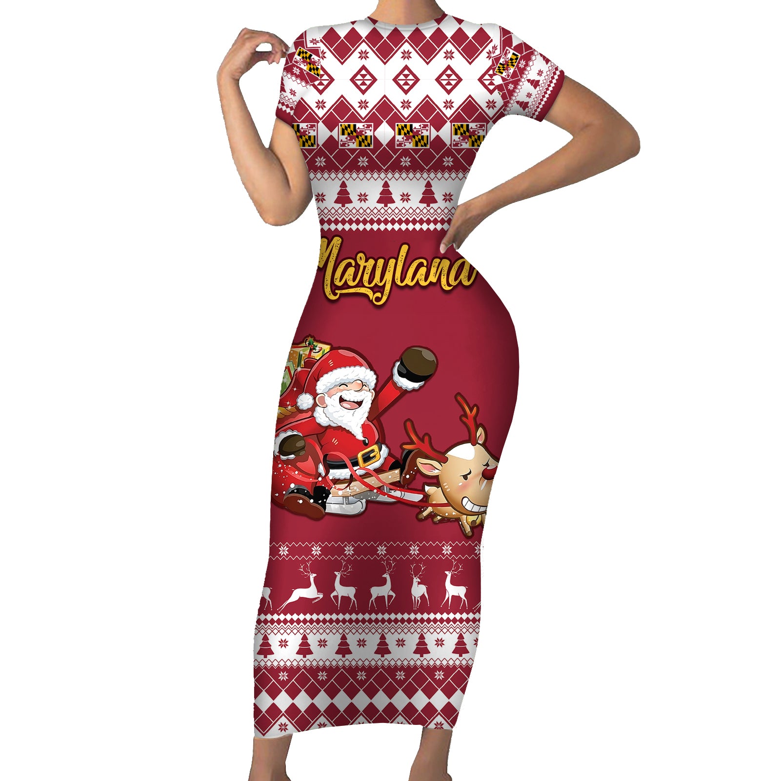 Custom Maryland Christmas Short Sleeve Bodycon Dress Santa Claus Riding A Reindeer - Wonder Print Shop