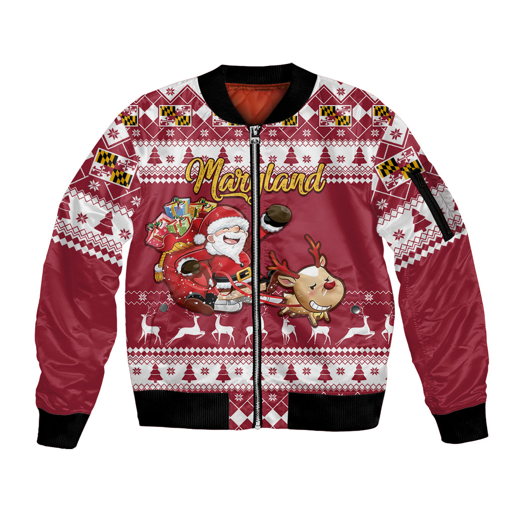 Custom Maryland Christmas Sleeve Zip Bomber Jacket Santa Claus Riding A Reindeer - Wonder Print Shop