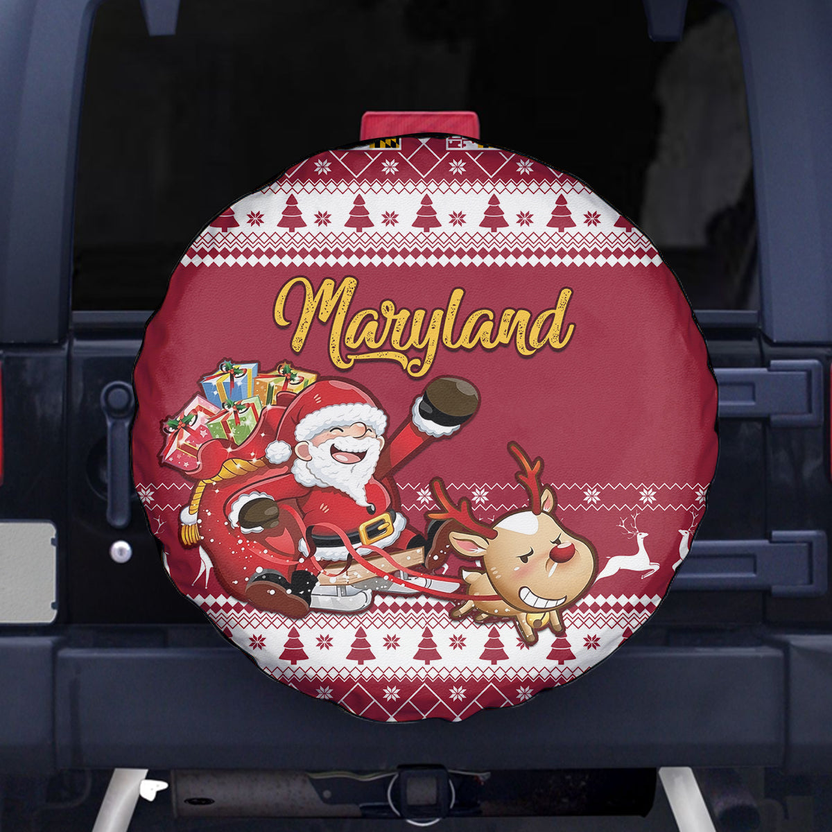 Custom Maryland Christmas Spare Tire Cover Santa Claus Riding A Reindeer - Wonder Print Shop