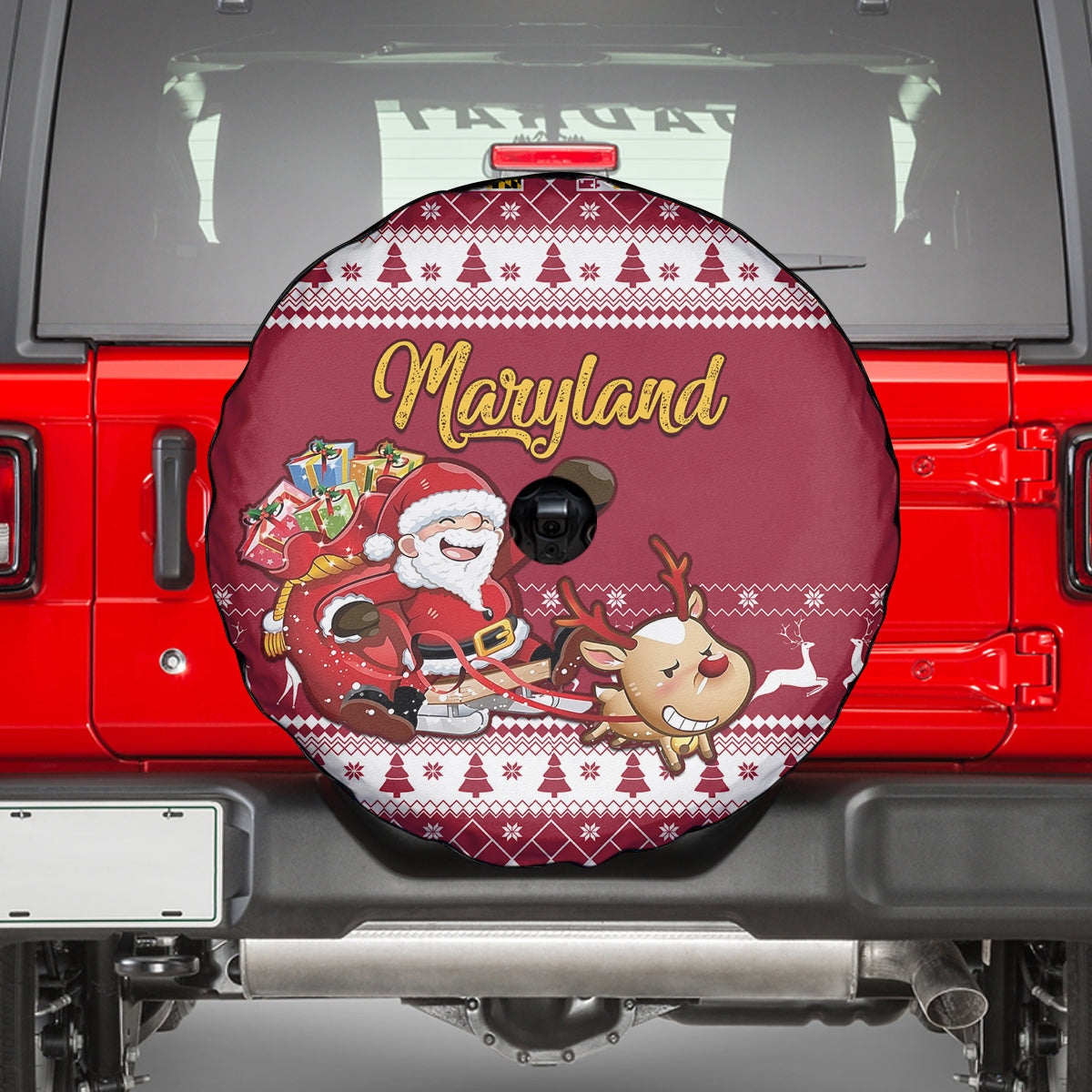Custom Maryland Christmas Spare Tire Cover Santa Claus Riding A Reindeer - Wonder Print Shop