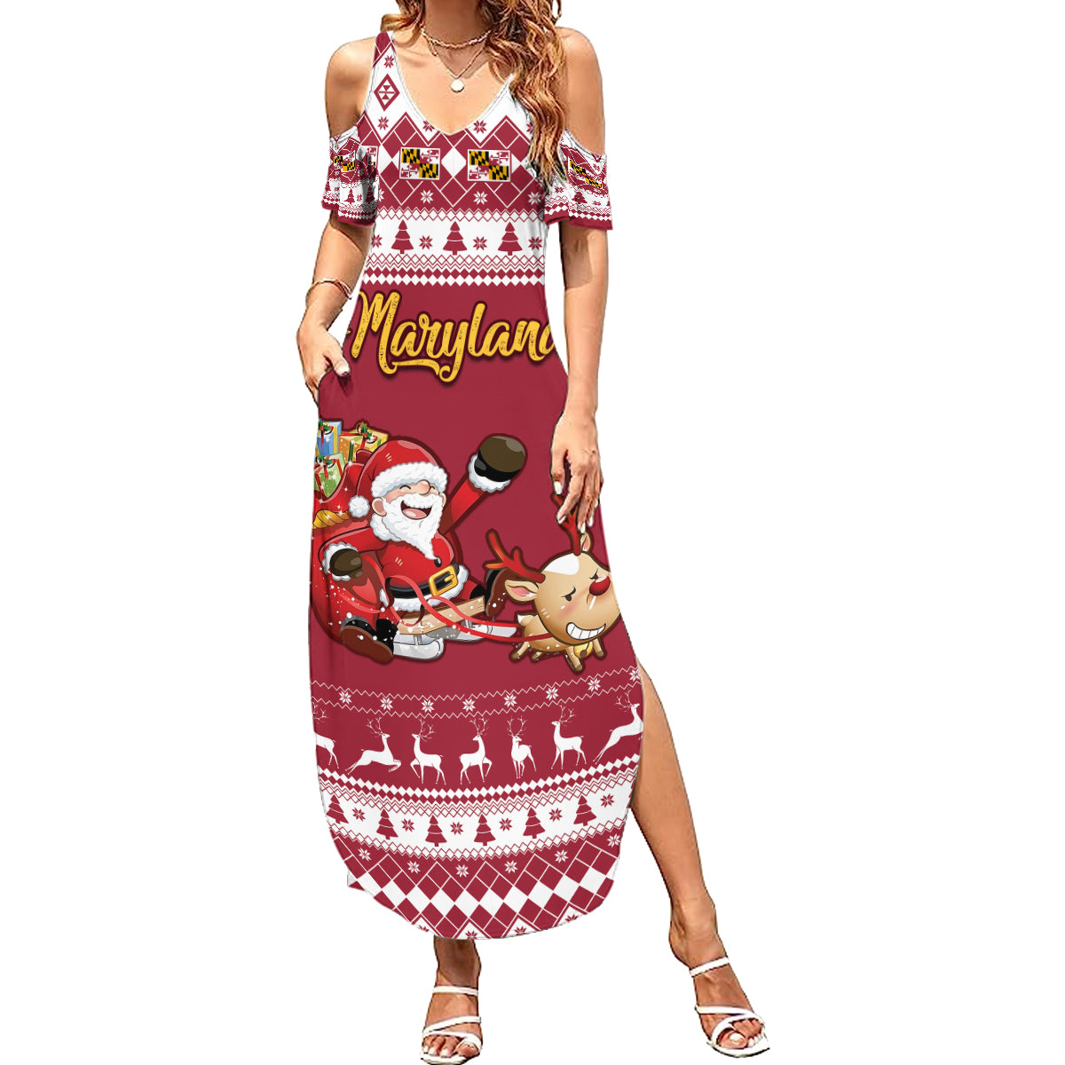 Custom Maryland Christmas Summer Maxi Dress Santa Claus Riding A Reindeer - Wonder Print Shop
