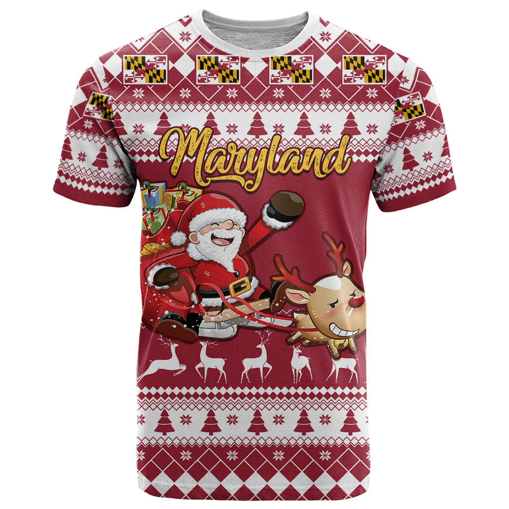 Custom Maryland Christmas T Shirt Santa Claus Riding A Reindeer - Wonder Print Shop