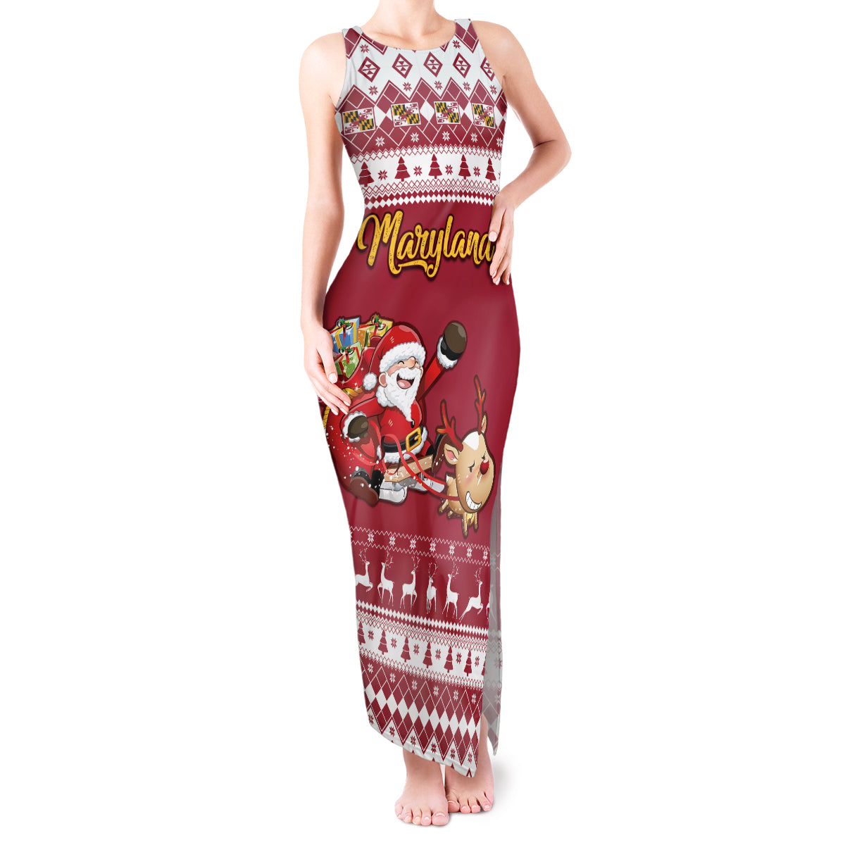 Custom Maryland Christmas Tank Maxi Dress Santa Claus Riding A Reindeer - Wonder Print Shop