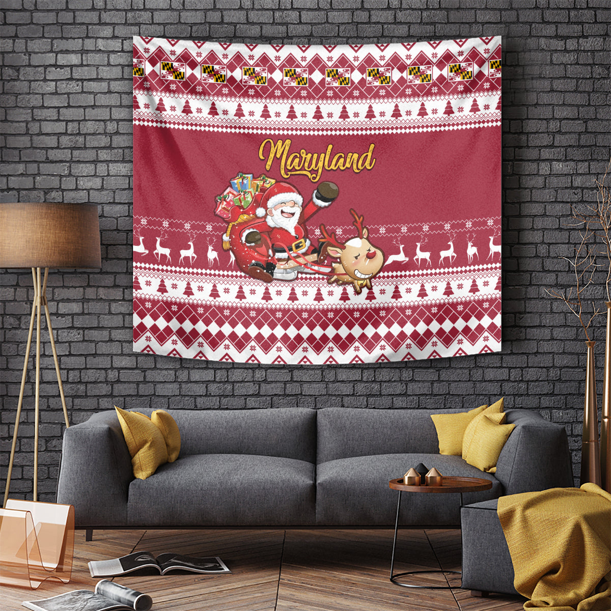 Custom Maryland Christmas Tapestry Santa Claus Riding A Reindeer - Wonder Print Shop