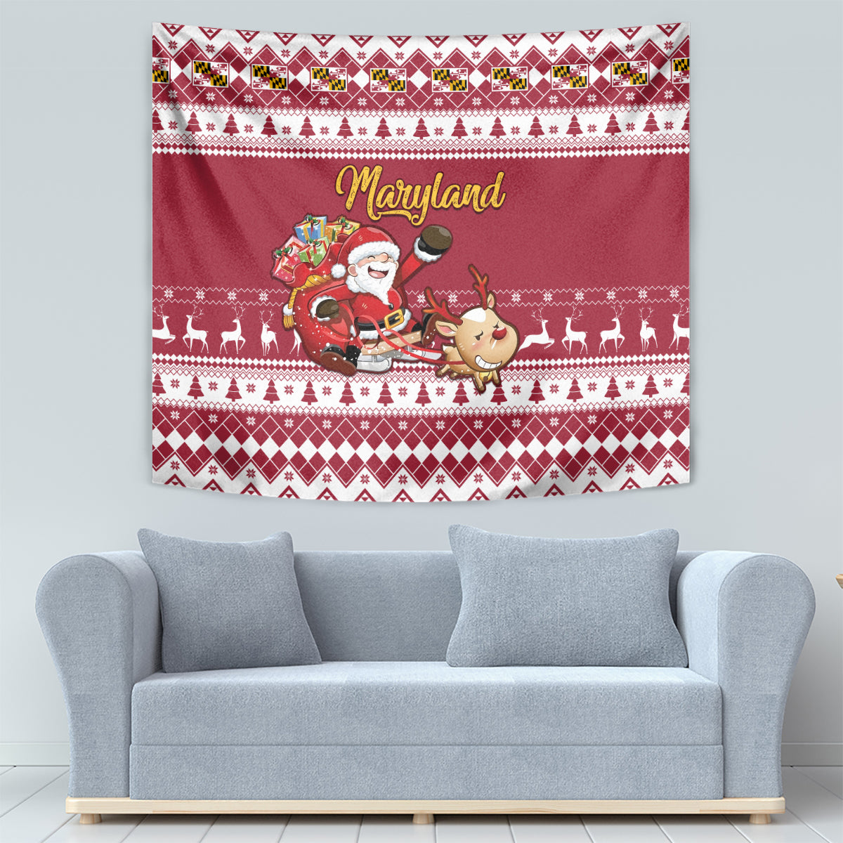 Custom Maryland Christmas Tapestry Santa Claus Riding A Reindeer - Wonder Print Shop